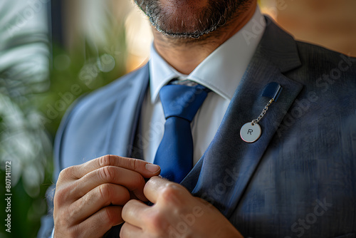 A businessman adjusting his blue necktie, with a focus on details like fabric texture and cufflink photo