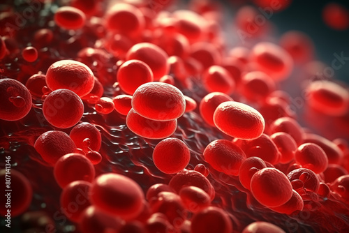 High-resolution image showing a close-up view of red blood cells in a vivid red tone, emphasizing their round, biconcave shape. photo