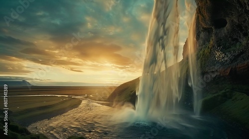 Dramatic and beautiful scene. Popular tourist attraction. famous Seljalandsfoss waterfall  Iceland  Europe