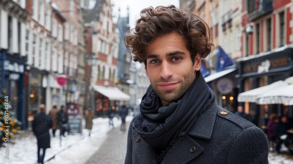   A man, clad in a coat and wearing a scarf, stands in the street