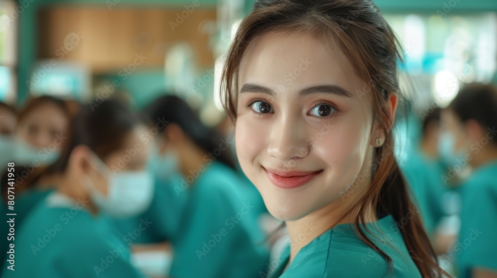 A person smiles closely, others present in background A person smiles closely, others present in background