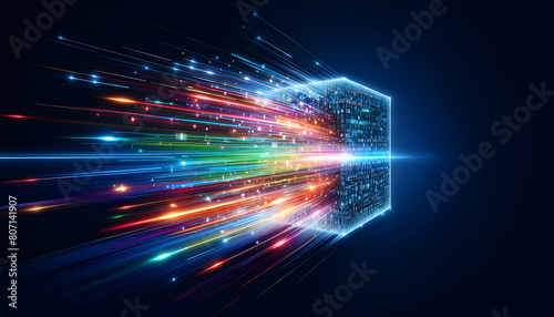  a rectangular block of vibrant, glowing binary code transitioning into a burst of colorful light rays against a dark blue background.