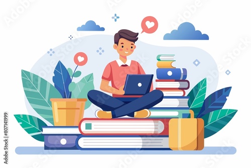 A man is sitting with a laptop open in front of a stack of books, man in front of a laptop sitting with books on online learning, Simple and minimalist flat Vector Illustration