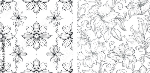 Pretty outlined design of seamless ornate textile pattern with interchanging flower and leaf type shaped objects