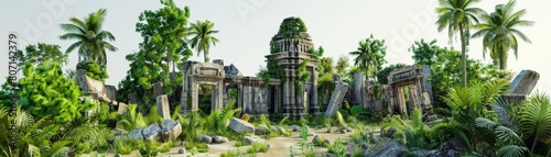 A lush green jungle with a ruined temple in the background. The scene is serene and peaceful, with the ruins adding a sense of mystery and history to the landscape photo