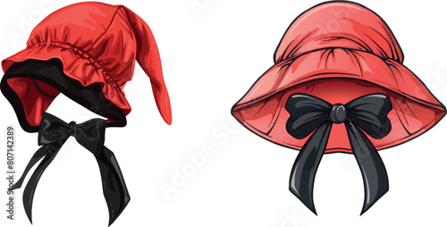 Cartoon red riding hood. Headgear bonnet with black bow tie fashion clothes
