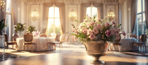 Vase with beautiful flowers on a dining table with luxurious decoration. AI generated image
