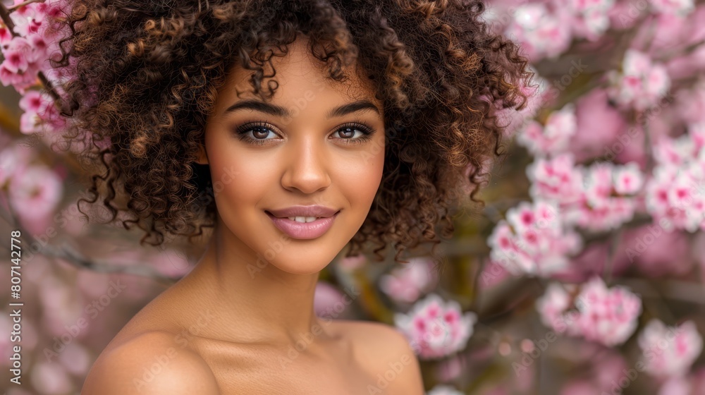 A tight shot of a woman wearing a flower in her hair, surrounded by a tree laden with pink blossoms in the backdrop A tight shot of a woman wearing a flower in her hair, surrounded by a tree laden with pink blossoms in the backdrop