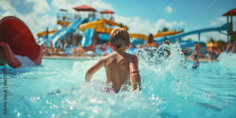 A young boy joyfully plays in a water park pool as splashes of water surround him on a sunny day