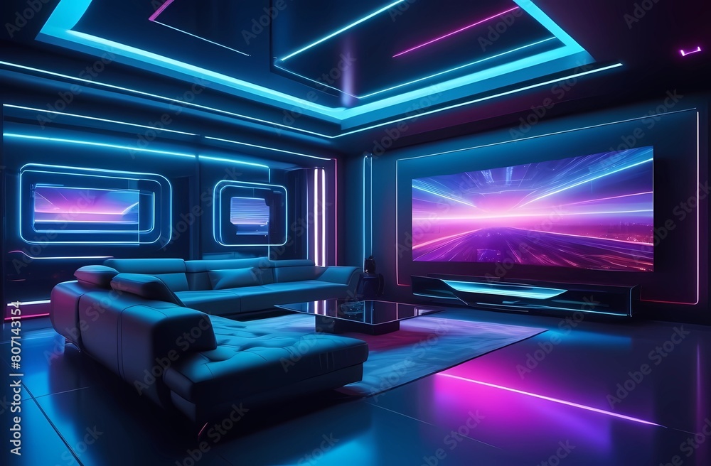 Interior of the future, rooms with technology and luxury style, cyber living room with neon light 