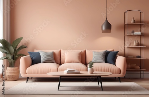 Modern Scandinavian living room interior design, peach colored wall, shelves and decorations. © Ana River