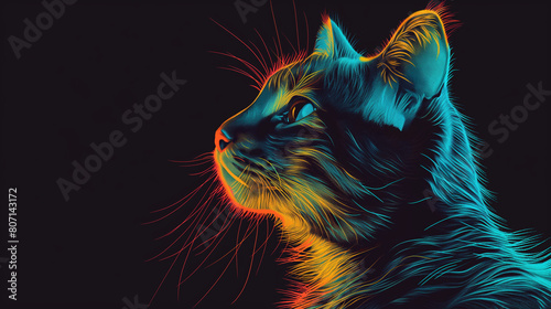 Colorful cat portrait, glowing lines on a black background, in the style of colorful neon light