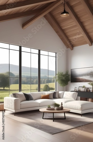 White large sofa with cushions in a room with large panoramic floor-to-ceiling windows and high ceiling. Country style, boho interior design of modern living room in the house