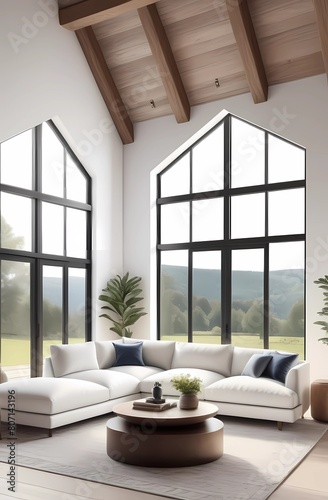 White large sofa with cushions in a room with large panoramic floor-to-ceiling windows and high ceiling. Country style, boho interior design of modern living room in the house
