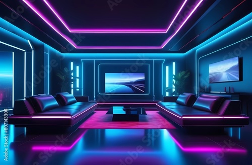 Interior of the future, rooms with technology and luxury style, cyber living room with neon light 