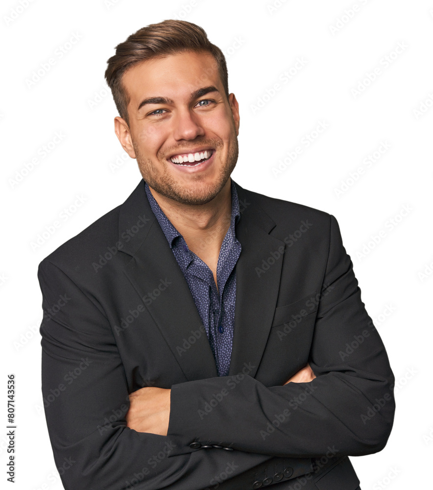 Businessman in suit, studio shot laughing and having fun. Businessman in suit, studio shot laughing and having fun.