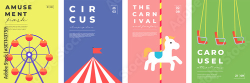 Amusement park festive minimal trendy poster set. Ferris wheel and circus on print. Carnival funfair carousel minimalistic creative design banner. Fun fair festival simple flat eps modern placard