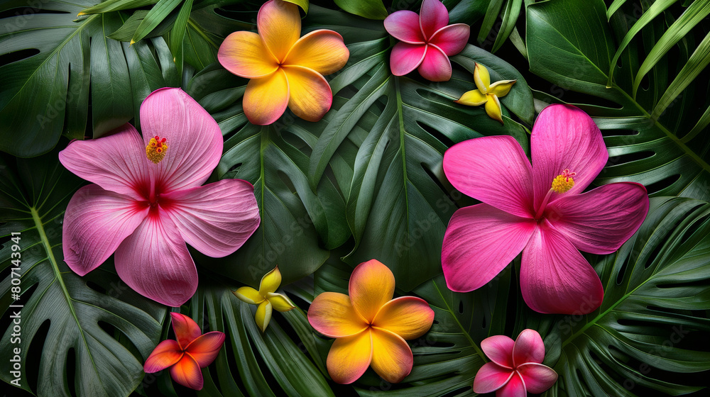 Happy Mother's Day Floral Greeting Card. Vivid tropical hibiscus and plumeria flowers in pink and yellow hues, nestled among lush green palm leaves. Happy Mother's Day Floral Greeting Card. Vivid tropical hibiscus and plumeria flowers in pink and yellow hues, nestled among lush green palm leaves.