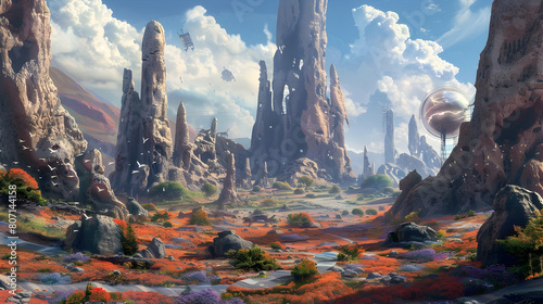 An alien landscape with towering rock formations and strange, otherworldly flora