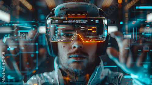 A helmeted person in advanced cybernetic gear, standing in a tech-enhanced facility with futuristic elements