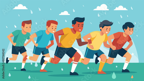 Drenched in sweat and determination a group of young soccer players push themselves to the limit during a grueling training session.. Vector illustration