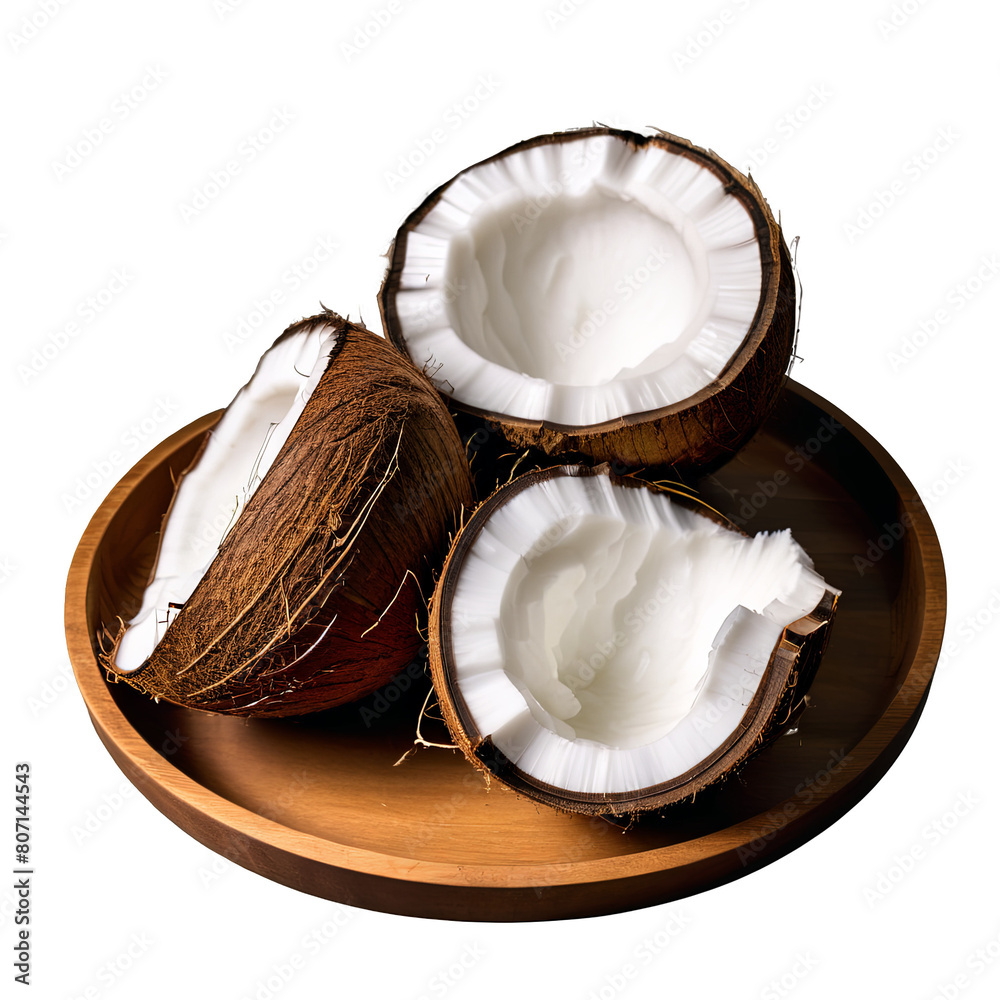 Coconut brown and hairy halved and arranged in a wooden tray low angle view.