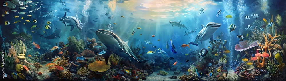 Fototapeta premium Infuse the boldness of edgy street art with the tranquility of a surreal underwater world Employ a mix of traditional oil painting and photorealistic CG 3D techniques to craft a ca