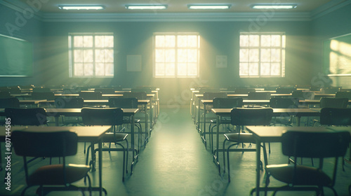 Empty Classroom with Desks and Chairs Awaiting Students