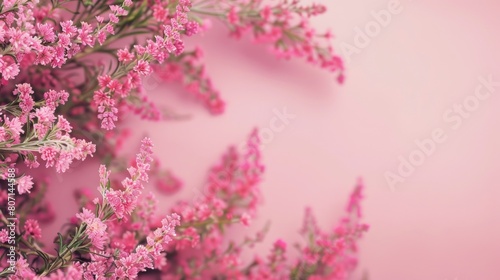 Beautiful pink heath flowers of erica plant on blur background. Generated AI image