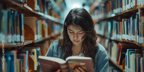 Amid a dimly lit library, a focused young woman is deeply engrossed in reading a book, symbolizing knowledge and education photo