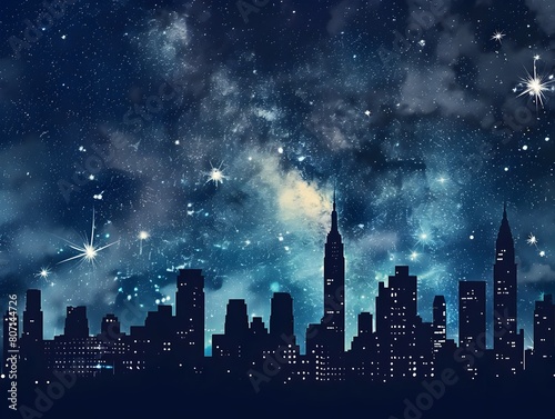 Magical Night Skyline with Silhouetted Skyscrapers and Sparkling Starry Sky