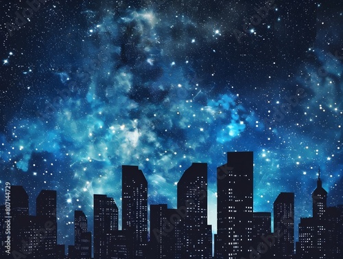 Enchanted Cityscape Under a Starry Night Sky:Silhouetted Skyscrapers Against a Spellbinding