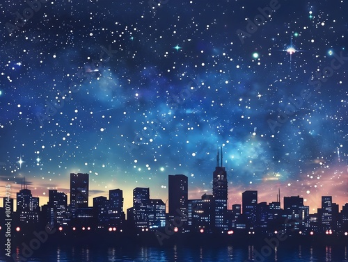 Enchanting Nighttime Skyline with Silhouetted Skyscrapers and Starry Sky