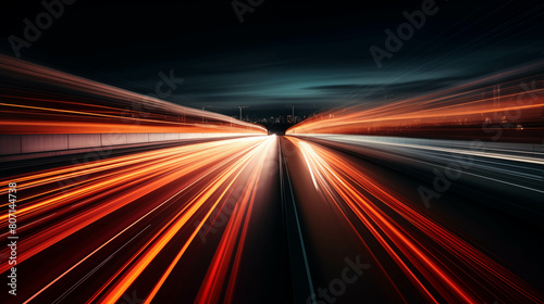 Blurry streaks of red taillights trace the path ahead on a dark highway at night.