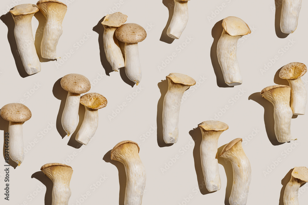Pleurotus eryngii white mushrooms, edible fungus in minimal style composition on beige background, top view aesthetic food photo, flat lay from whole mushroom, health eating, vegetarian food Pleurotus eryngii white mushrooms, edible fungus in minimal style composition on beige background, top view aesthetic food photo, flat lay from whole mushroom, health eating, vegetarian food