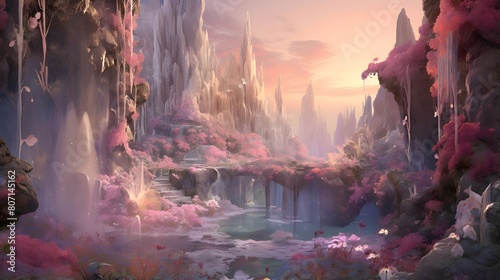 Abstract fantasy landscape with waterfall. Digital art painting. 3d rendering © Michelle