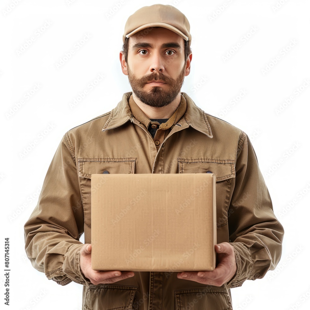 young man standing confidently Holding an empty brown package in hand, ready for delivery With a determined expression He therefore shows efficiency and reliability in his work. young man standing confidently Holding an empty brown package in hand, ready for delivery With a determined expression He therefore shows efficiency and reliability in his work.
