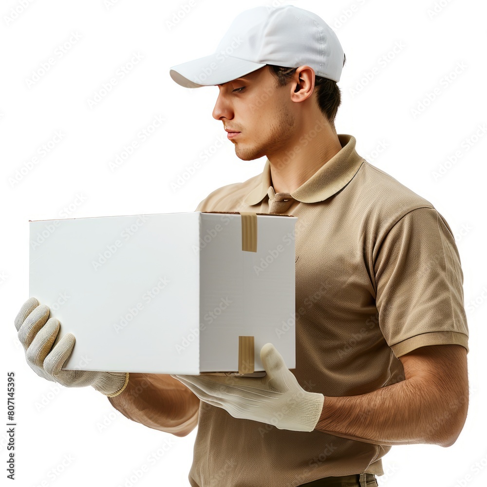 young man standing confidently Holding an empty brown package in hand, ready for delivery With a determined expression He therefore shows efficiency and reliability in his work. young man standing confidently Holding an empty brown package in hand, ready for delivery With a determined expression He therefore shows efficiency and reliability in his work.