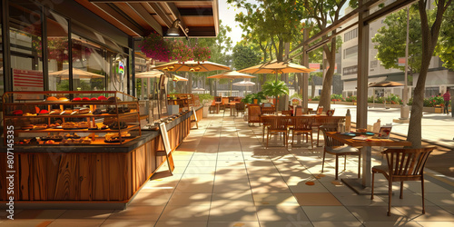 Outdoor Dining Service Area Floor: Displaying a designated area for serving food to customers dining outdoors, with service stations and outdoor food counters