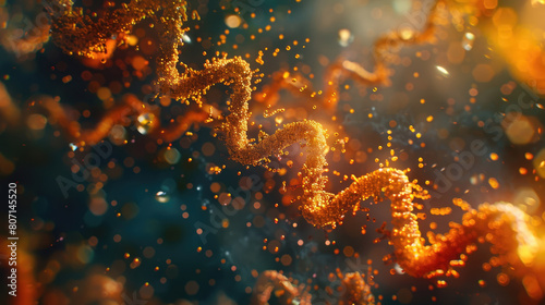 A close-up view of luminous particles and twisted DNA strands illuminated by a warm, amber glow photo