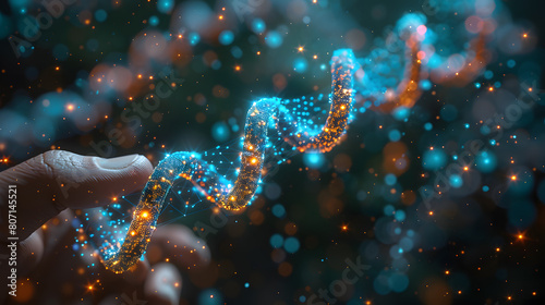 A close-up of a hand touching a glowing digital DNA strand hologram, representing futuristic biotechnology, genetics, and scientific research