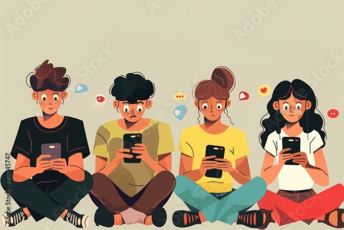 Smartphone and social media addiction concept, A group of young people engrossed in their phones photo
