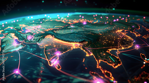 A digital map of Asia and the Middle East  highlighted with vibrant glowing connections and network lines  representing futuristic global technology and communication