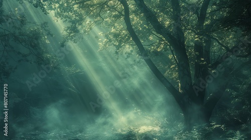A tree is surrounded by a forest with sunlight shining through the leaves