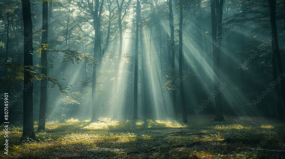 Fototapeta premium The sun is shining through the trees, casting a warm glow on the forest floor. The light is creating a peaceful and serene atmosphere, inviting one to take a moment to appreciate the beauty of nature