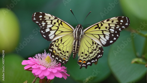 A yellow and black butterfly is perched on a pink flower.