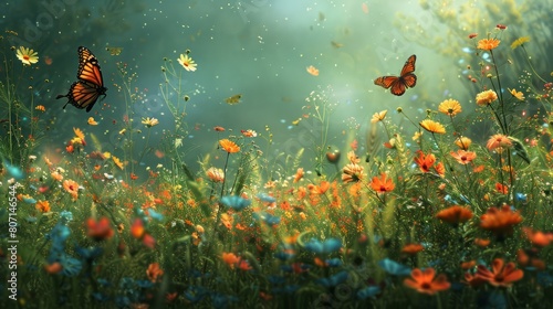 Two butterflies flying in a field of flowers. The butterflies are orange and black. The field is full of flowers  including daisies and sunflowers