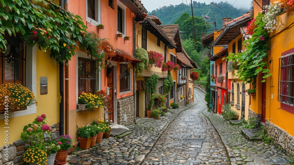 Fototapeta premium A narrow street lined with colorful houses and flower pots. The houses are painted in various shades of yellow, orange, and red. The street is lined with potted plants and flowers, creating a vibrant