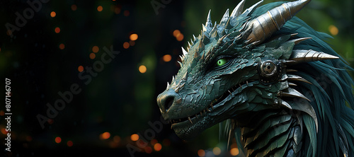 Detailed view of a green dragons head  showing its scales  eyes  and sharp teeth up close