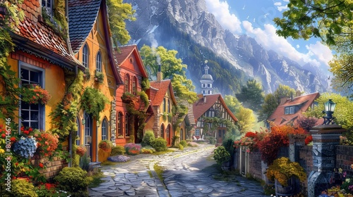 A painting of a small town with houses and a church. The houses are red and yellow and the church is white. The painting has a peaceful and quaint feeling to it